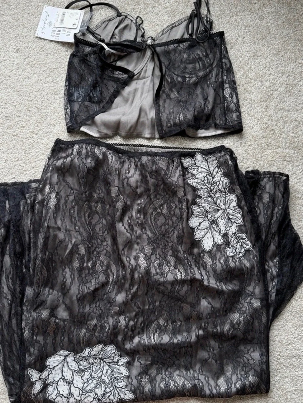 Free People Black Lace Floral Applique Camisole and Maxi Skirt Set, Size M
